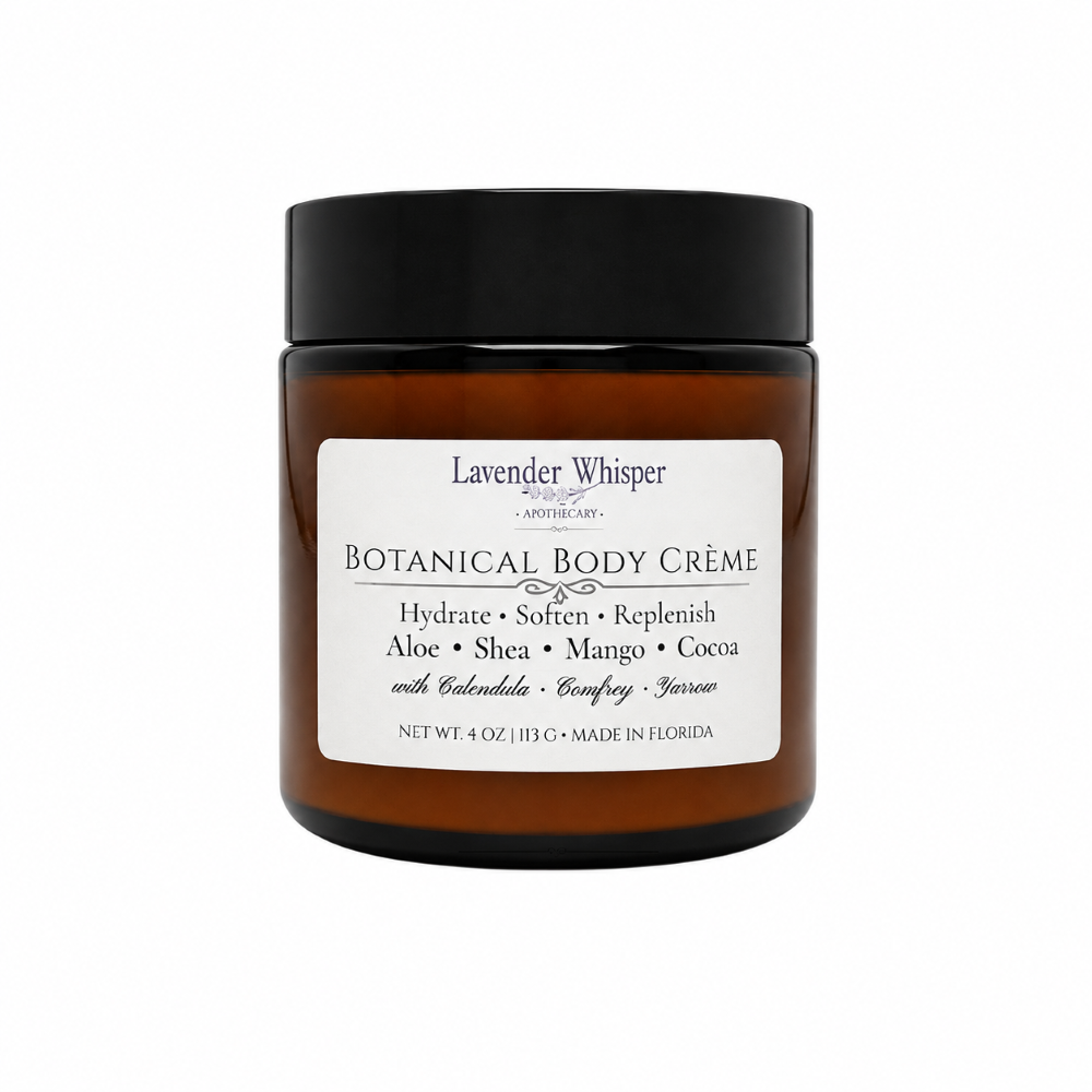 Lavender Whisper Botanical Body Crème in amber apothecary jar