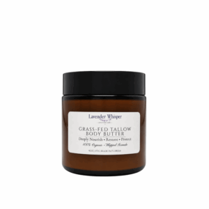 Lavender-Whisper-Grass-Fed-Tallow-Body-Butter-in-amber-glass-jar-with-black-lid